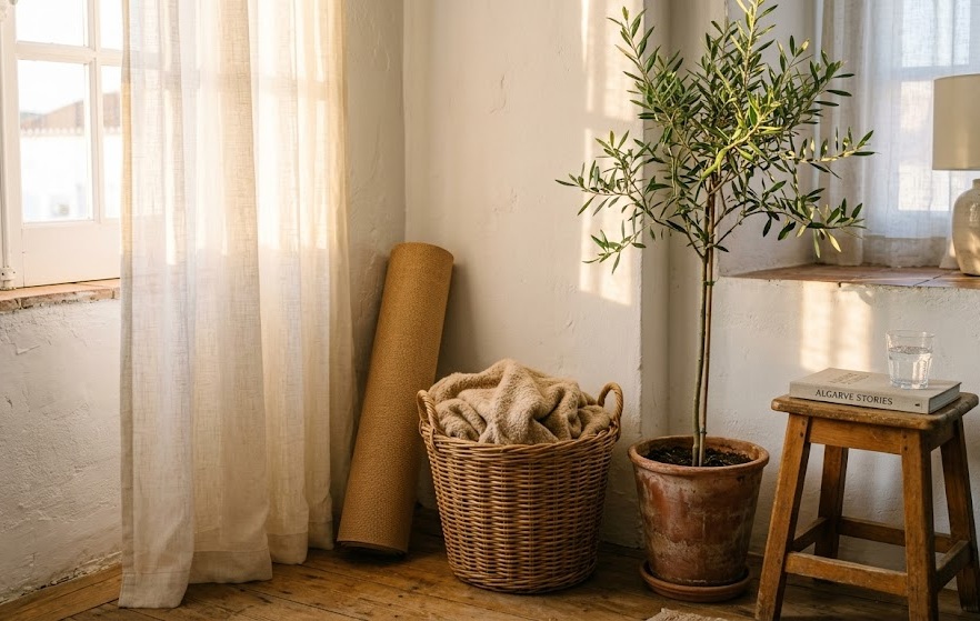 Canto luminoso de uma sala com tapete, planta e janela aberta